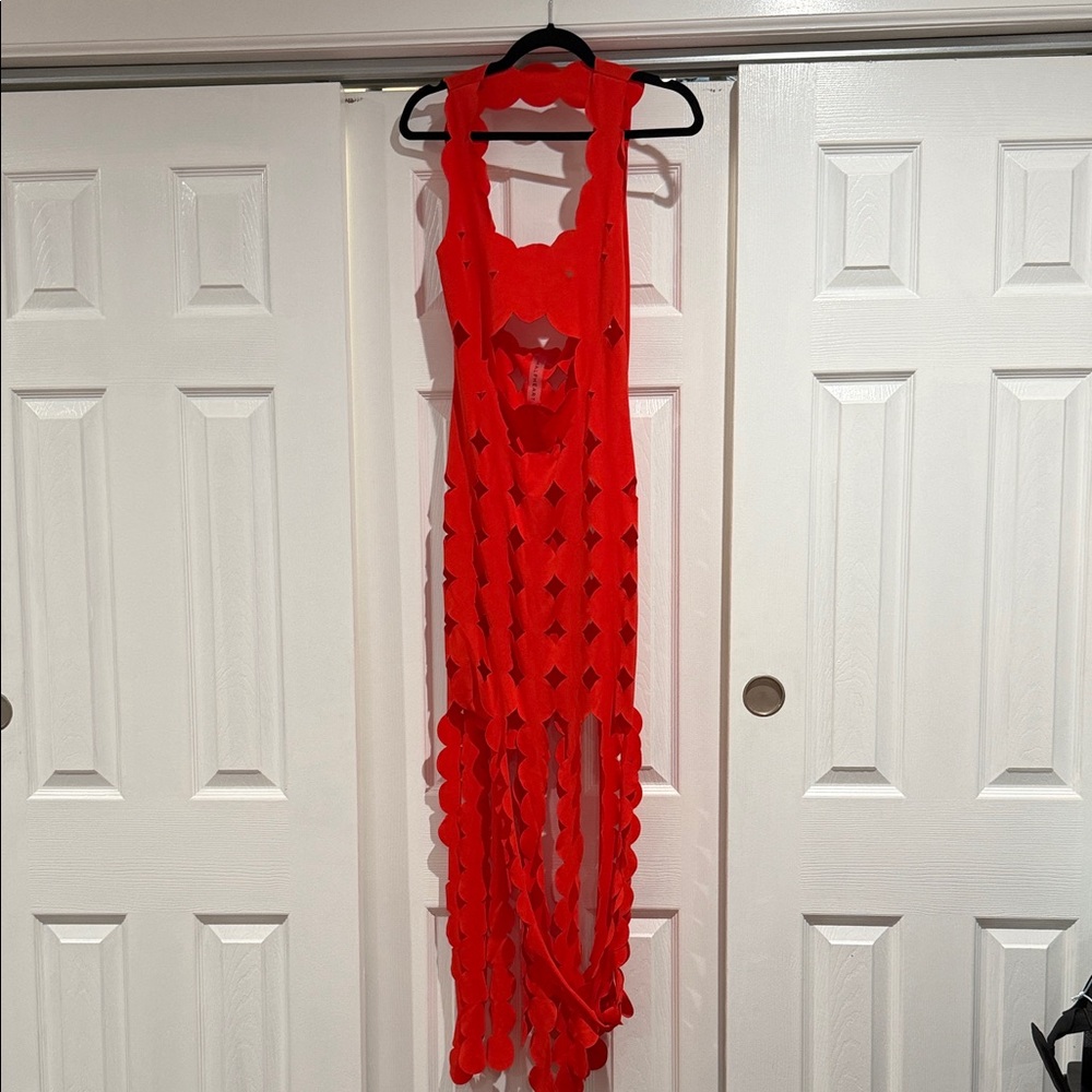 CERA APPLIQUÉ FRINGE MAXI DRESS IN ORANGE
